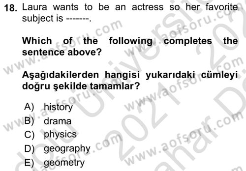 İngilizce 2 Dersi 2021 - 2022 Yılı (Vize) Ara Sınav Soruları 18. Soru