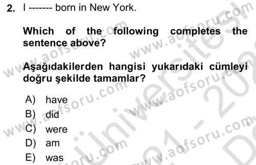 İngilizce 2 Dersi 2021 - 2022 Yılı (Vize) Ara Sınav Soruları 2. Soru