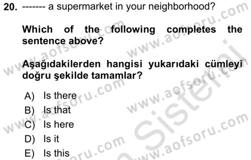 İngilizce 2 Dersi 2021 - 2022 Yılı (Vize) Ara Sınav Soruları 20. Soru