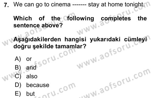İngilizce 2 Dersi 2021 - 2022 Yılı (Vize) Ara Sınav Soruları 7. Soru