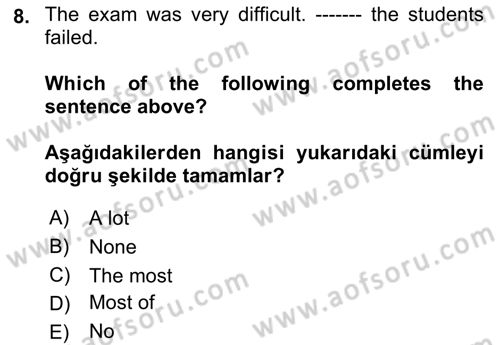 İngilizce 2 Dersi 2021 - 2022 Yılı (Vize) Ara Sınav Soruları 8. Soru