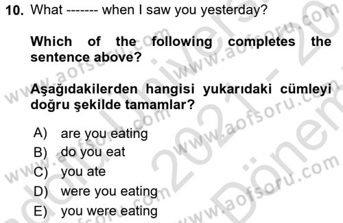 İngilizce 2 Dersi 2021 - 2022 Yılı (Final) Dönem Sonu Sınav Soruları 10. Soru