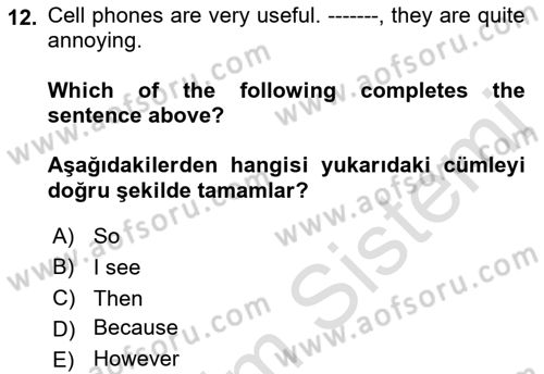 İngilizce 2 Dersi 2021 - 2022 Yılı (Final) Dönem Sonu Sınav Soruları 12. Soru