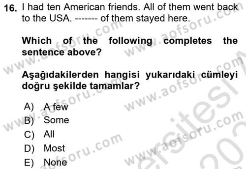 İngilizce 2 Dersi 2021 - 2022 Yılı (Final) Dönem Sonu Sınav Soruları 16. Soru