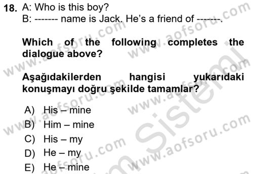 İngilizce 2 Dersi 2021 - 2022 Yılı (Final) Dönem Sonu Sınav Soruları 18. Soru