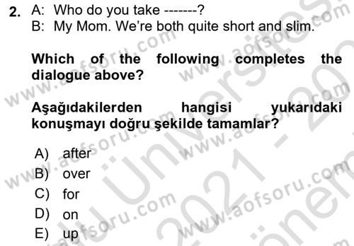 İngilizce 2 Dersi 2021 - 2022 Yılı (Final) Dönem Sonu Sınav Soruları 2. Soru