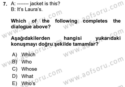 İngilizce 2 Dersi 2021 - 2022 Yılı (Final) Dönem Sonu Sınav Soruları 7. Soru