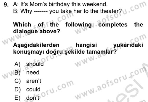 İngilizce 2 Dersi 2021 - 2022 Yılı (Final) Dönem Sonu Sınav Soruları 9. Soru