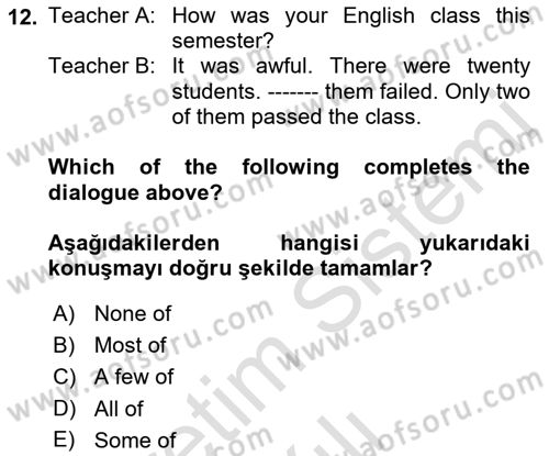 İngilizce 2 Dersi 2021 - 2022 Yılı Yaz Okulu Sınav Soruları 12. Soru