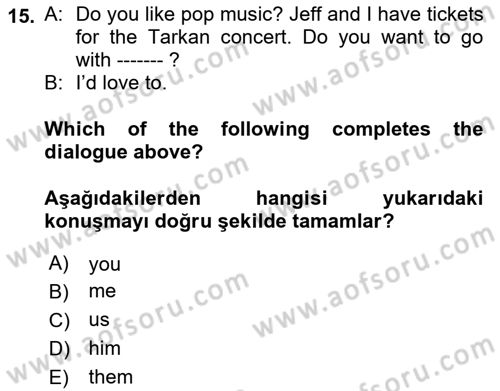 İngilizce 2 Dersi 2021 - 2022 Yılı Yaz Okulu Sınav Soruları 15. Soru