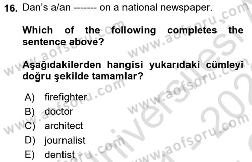 İngilizce 2 Dersi 2021 - 2022 Yılı Yaz Okulu Sınav Soruları 16. Soru
