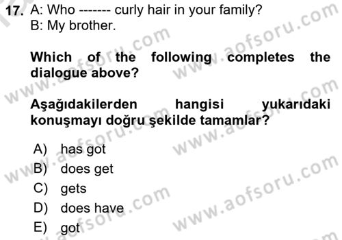 İngilizce 2 Dersi 2021 - 2022 Yılı Yaz Okulu Sınav Soruları 17. Soru