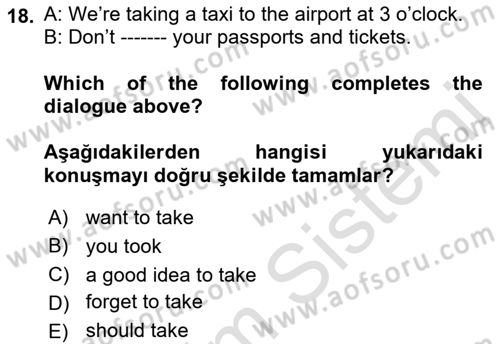 İngilizce 2 Dersi 2021 - 2022 Yılı Yaz Okulu Sınav Soruları 18. Soru