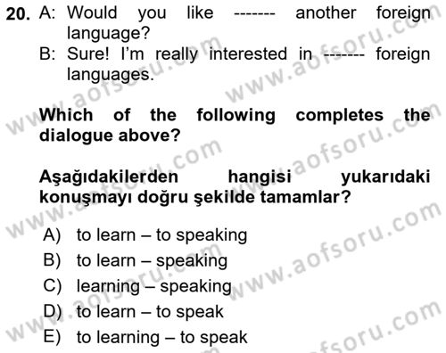 İngilizce 2 Dersi 2021 - 2022 Yılı Yaz Okulu Sınav Soruları 20. Soru