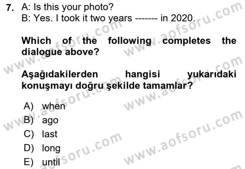 İngilizce 2 Dersi 2021 - 2022 Yılı Yaz Okulu Sınav Soruları 7. Soru