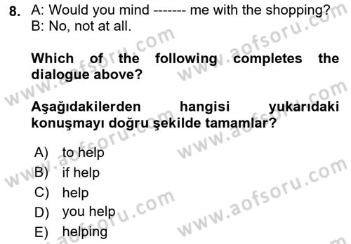 İngilizce 2 Dersi 2021 - 2022 Yılı Yaz Okulu Sınav Soruları 8. Soru
