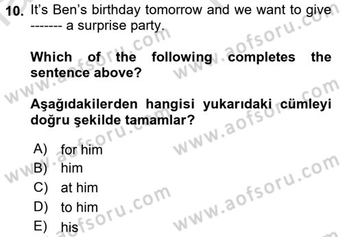 İngilizce 2 Dersi 2022 - 2023 Yılı (Vize) Ara Sınav Soruları 10. Soru