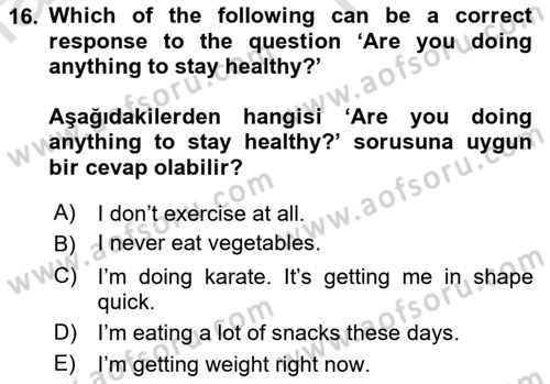 İngilizce 2 Dersi 2022 - 2023 Yılı (Vize) Ara Sınav Soruları 16. Soru