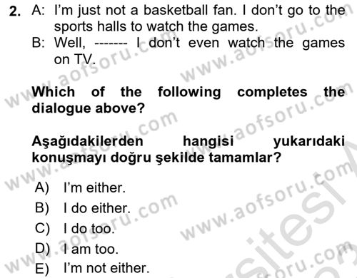İngilizce 2 Dersi 2022 - 2023 Yılı (Vize) Ara Sınav Soruları 2. Soru