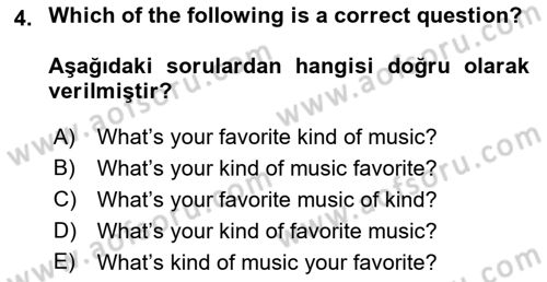 İngilizce 2 Dersi 2022 - 2023 Yılı (Vize) Ara Sınav Soruları 4. Soru