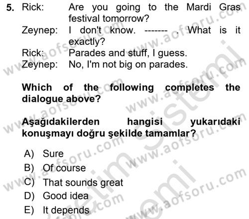 İngilizce 2 Dersi 2022 - 2023 Yılı (Vize) Ara Sınav Soruları 5. Soru