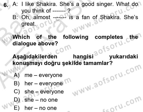 İngilizce 2 Dersi 2022 - 2023 Yılı (Vize) Ara Sınav Soruları 6. Soru