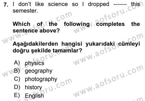 İngilizce 2 Dersi 2022 - 2023 Yılı (Vize) Ara Sınav Soruları 7. Soru