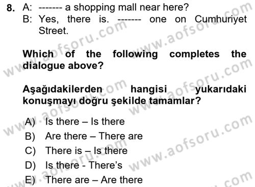 İngilizce 2 Dersi 2022 - 2023 Yılı (Vize) Ara Sınav Soruları 8. Soru