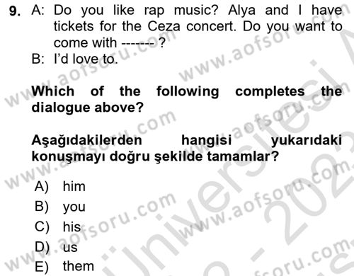 İngilizce 2 Dersi 2022 - 2023 Yılı (Vize) Ara Sınav Soruları 9. Soru