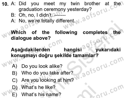 İngilizce 2 Dersi 2022 - 2023 Yılı (Final) Dönem Sonu Sınav Soruları 10. Soru
