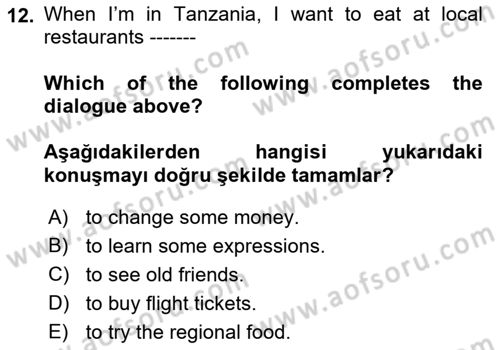 İngilizce 2 Dersi 2022 - 2023 Yılı (Final) Dönem Sonu Sınav Soruları 12. Soru