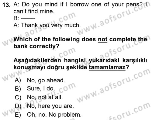 İngilizce 2 Dersi 2022 - 2023 Yılı (Final) Dönem Sonu Sınav Soruları 13. Soru
