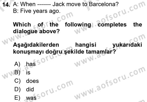 İngilizce 2 Dersi 2022 - 2023 Yılı (Final) Dönem Sonu Sınav Soruları 14. Soru