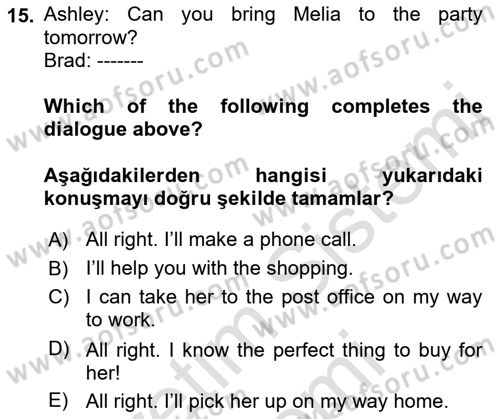 İngilizce 2 Dersi 2022 - 2023 Yılı (Final) Dönem Sonu Sınav Soruları 15. Soru