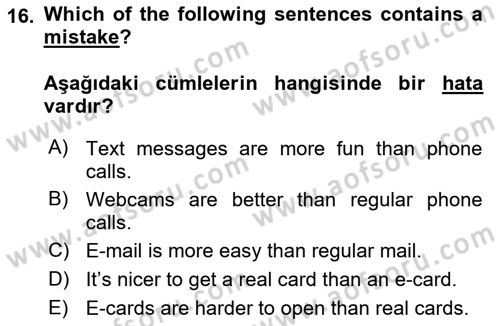 İngilizce 2 Dersi 2022 - 2023 Yılı (Final) Dönem Sonu Sınav Soruları 16. Soru