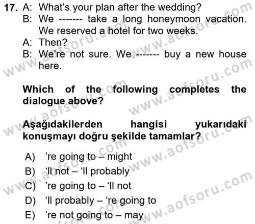İngilizce 2 Dersi 2022 - 2023 Yılı (Final) Dönem Sonu Sınav Soruları 17. Soru