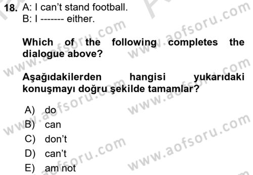 İngilizce 2 Dersi 2022 - 2023 Yılı (Final) Dönem Sonu Sınav Soruları 18. Soru