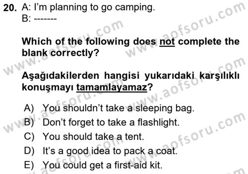 İngilizce 2 Dersi 2022 - 2023 Yılı (Final) Dönem Sonu Sınav Soruları 20. Soru