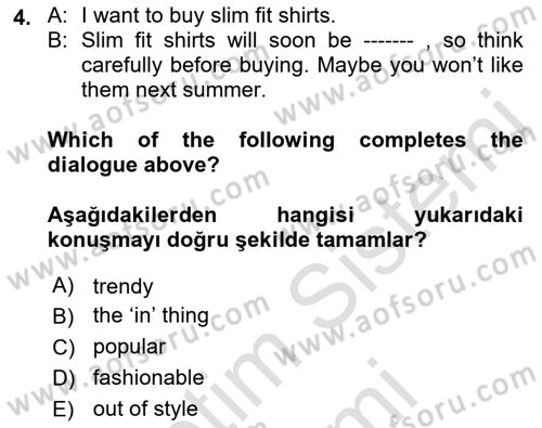 İngilizce 2 Dersi 2022 - 2023 Yılı (Final) Dönem Sonu Sınav Soruları 4. Soru