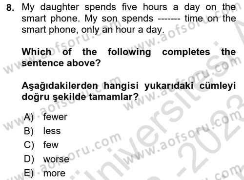 İngilizce 2 Dersi 2022 - 2023 Yılı (Final) Dönem Sonu Sınav Soruları 8. Soru