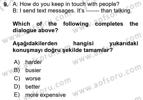 İngilizce 2 Dersi 2022 - 2023 Yılı (Final) Dönem Sonu Sınav Soruları 9. Soru