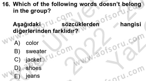 İngilizce 2 Dersi 2022 - 2023 Yılı Yaz Okulu Sınav Soruları 16. Soru