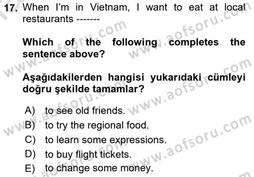 İngilizce 2 Dersi 2022 - 2023 Yılı Yaz Okulu Sınav Soruları 17. Soru