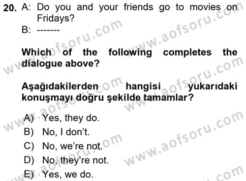 İngilizce 2 Dersi 2022 - 2023 Yılı Yaz Okulu Sınav Soruları 20. Soru