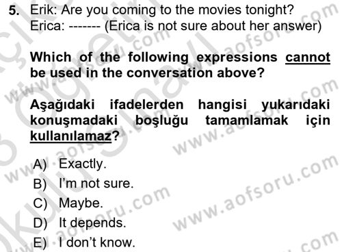 İngilizce 2 Dersi 2022 - 2023 Yılı Yaz Okulu Sınav Soruları 5. Soru