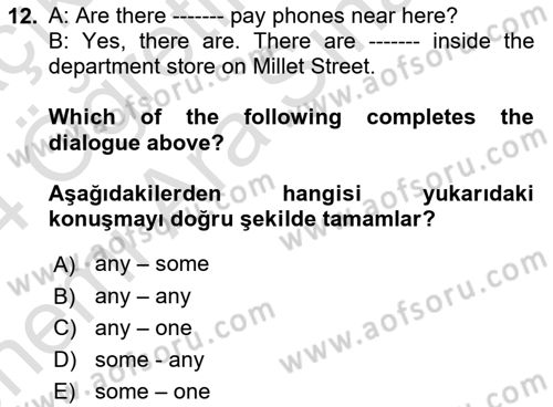 İngilizce 2 Dersi 2023 - 2024 Yılı (Vize) Ara Sınav Soruları 12. Soru