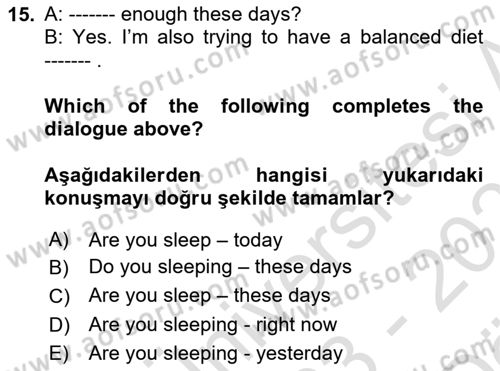 İngilizce 2 Dersi 2023 - 2024 Yılı (Vize) Ara Sınav Soruları 15. Soru