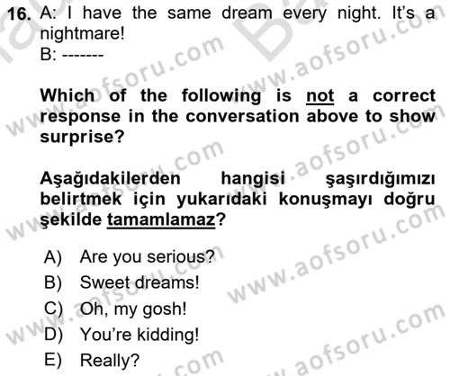İngilizce 2 Dersi 2023 - 2024 Yılı (Vize) Ara Sınav Soruları 16. Soru