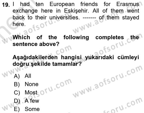 İngilizce 2 Dersi 2023 - 2024 Yılı (Vize) Ara Sınav Soruları 19. Soru