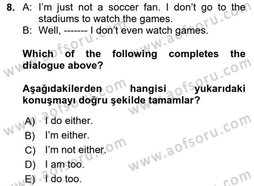 İngilizce 2 Dersi 2023 - 2024 Yılı (Vize) Ara Sınav Soruları 8. Soru